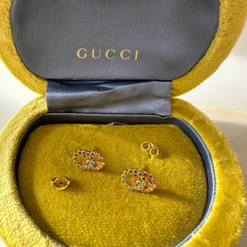 Gucci 18k yellow gold earrings with multi colored gemstone